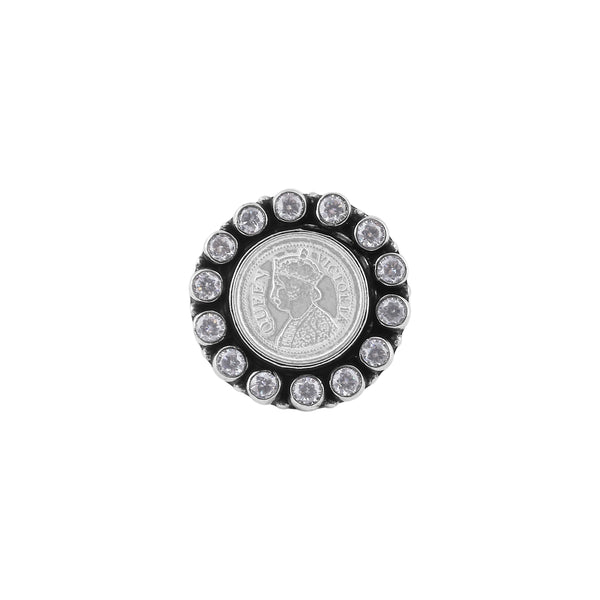 Coin and CZ Oxidized Silver Adjustable Ring for her - Flâneur Global® | FG | 925 Fine Silver Jewelry & Accessories