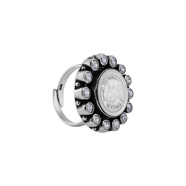 Coin and CZ Oxidized Silver Adjustable Ring for her - Flâneur Global® | FG | 925 Fine Silver Jewelry & Accessories