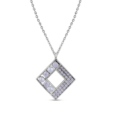 Geometric Pearl & CZ Pendant Necklace