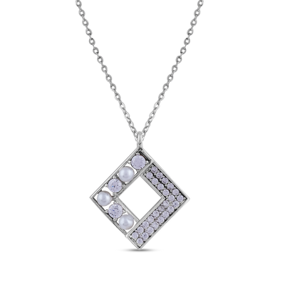 Geometric Pearl & CZ Pendant Necklace