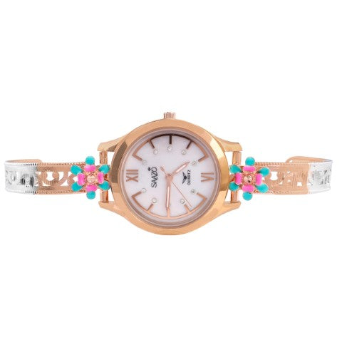 SUKOZ Floral Dial Bangle Watch – Rose Gold & Silver