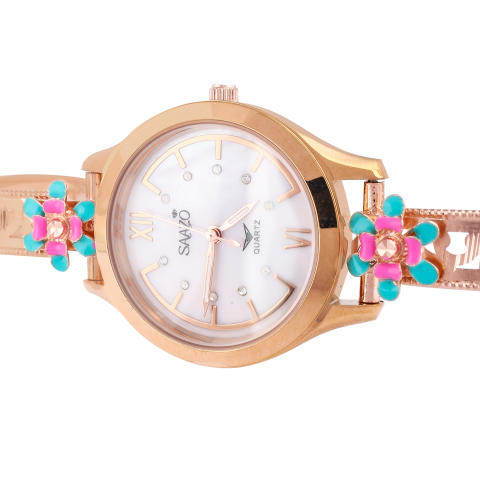 SUKOZ Floral Dial Bangle Watch – Rose Gold & Silver