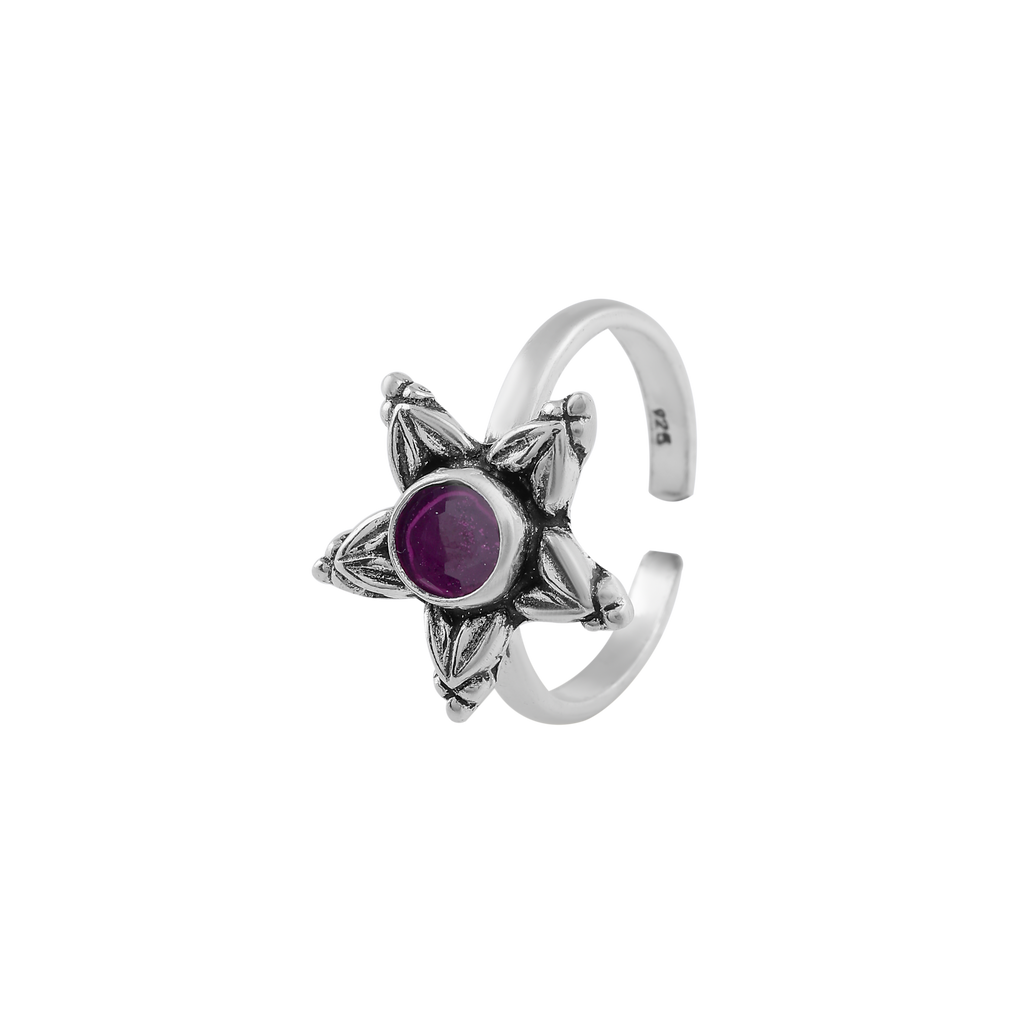 Starflower Oxidized Silver Toe Ring with Purple Stone – Boho Charm