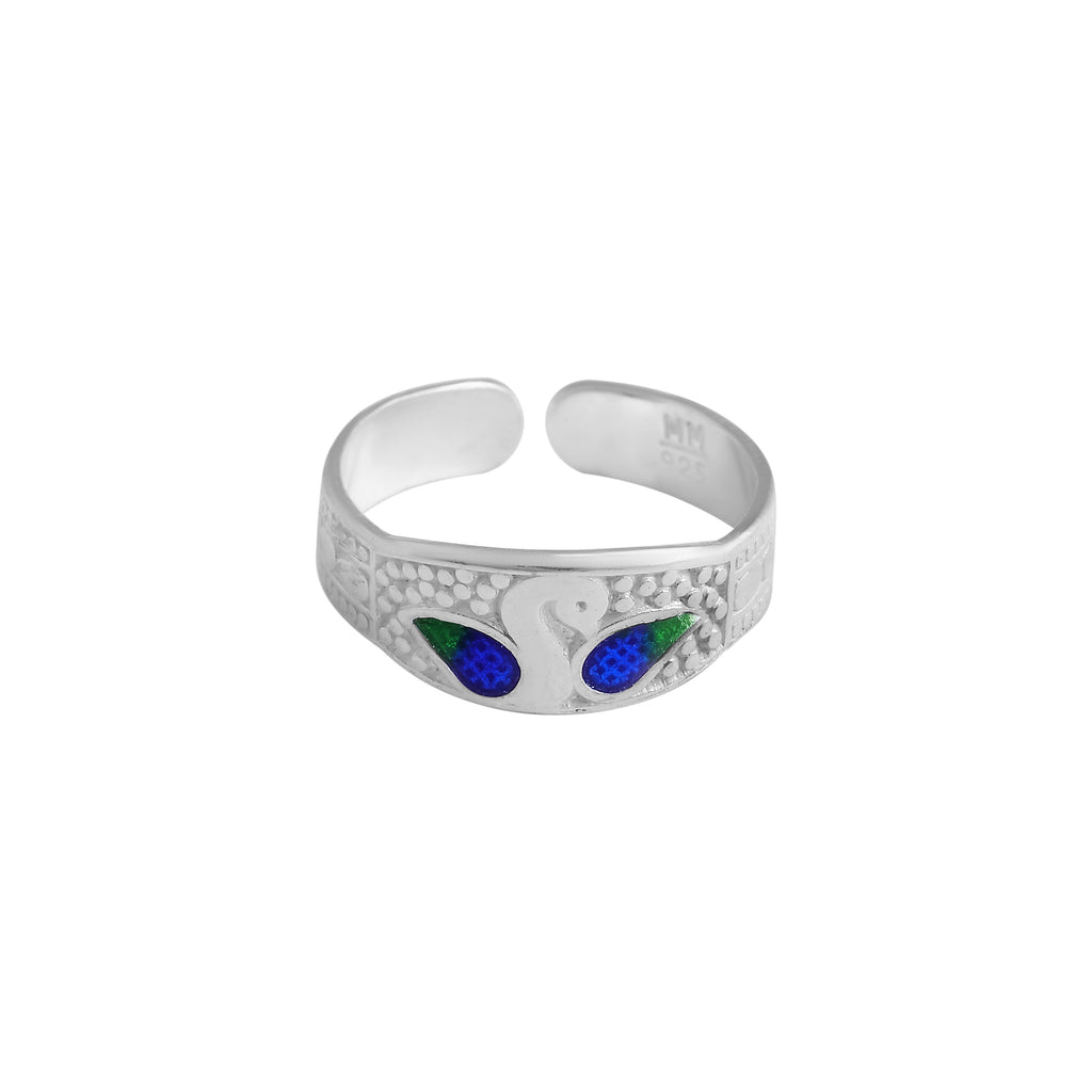 Elegant Swan Design Toe Ring – 925 Silver with Blue & Green Enamel