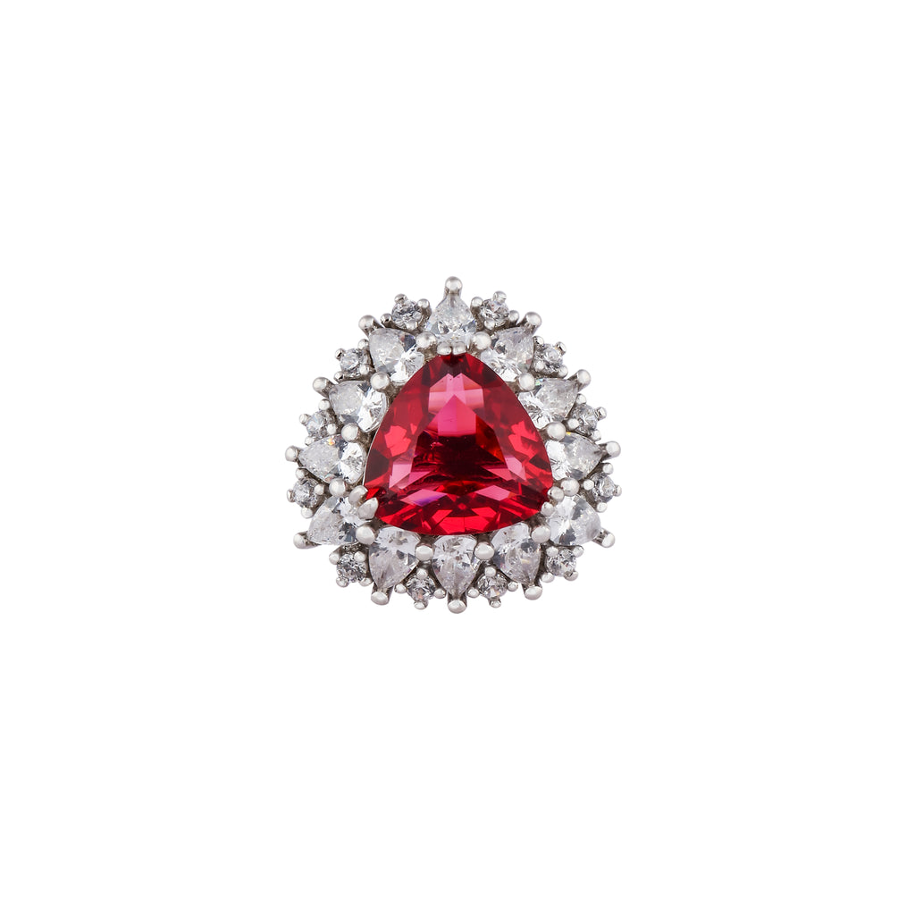 Trillion Cut Ruby and CZ Halo Silver Ring for her