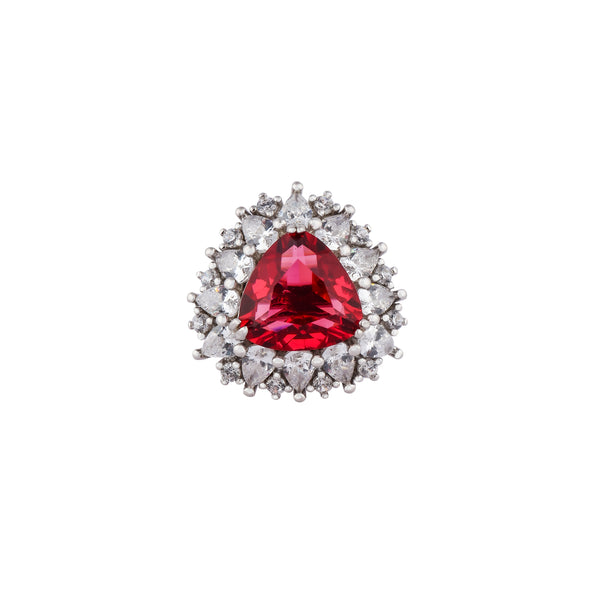 Trillion Cut Ruby and CZ Halo Silver Ring for her