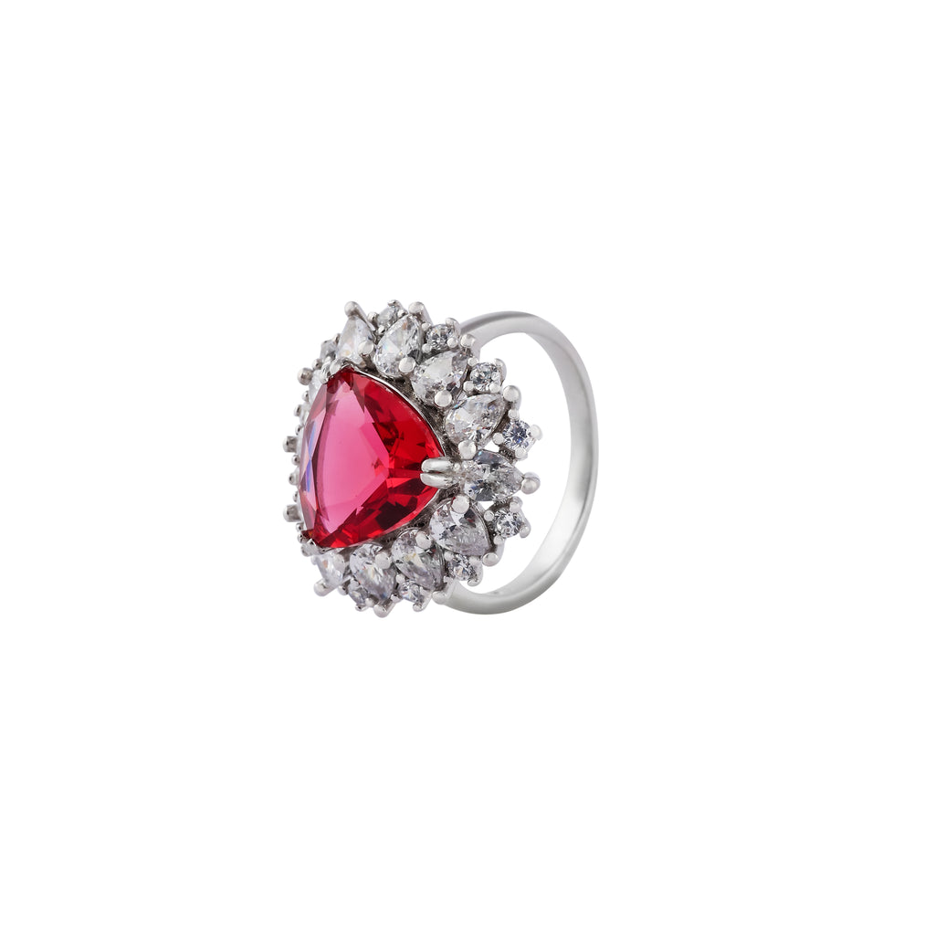 Trillion Cut Ruby and CZ Halo Silver Ring for her