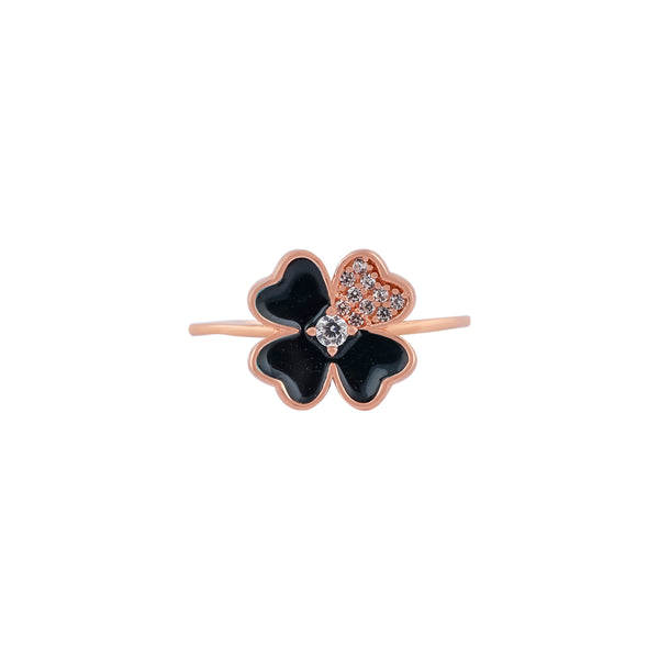 Four Leaf Black Enamel Rose Gold Ring for her