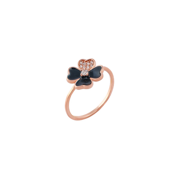 Four Leaf Black Enamel Rose Gold Ring for her