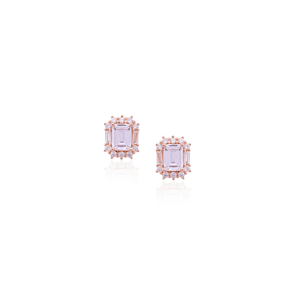 Rose Gold Emerald-Cut Halo Stud Earrings - Flâneur Global® | FG | 925 Fine Silver Jewelry & Accessories