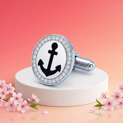 Maritime Anchor Enamel and Crystal Sterling Silver Cufflinks