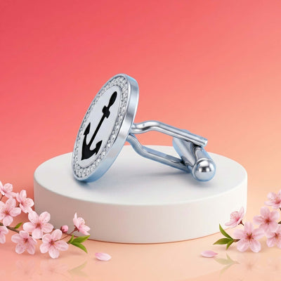 Maritime Anchor Enamel and Crystal Sterling Silver Cufflinks