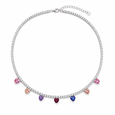 Sterling Silver Multicolor Heart Crystal Tennis Necklace – Rainbow Gemstone Statement Necklace