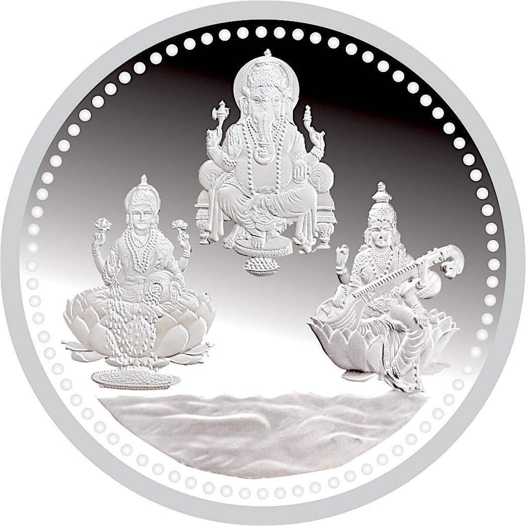 24K 30 Gram Lakshmi Ganesh Saraswati Silver Coin – Divine Blessings in Pure Silver