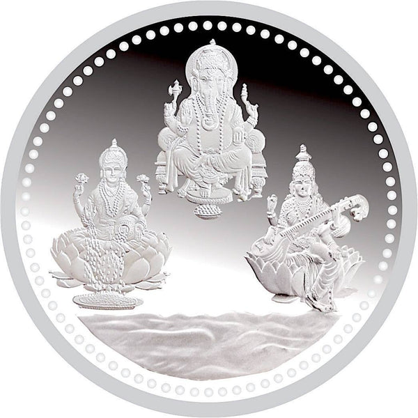 24K 30 Gram Lakshmi Ganesh Saraswati Silver Coin – Divine Blessings in Pure Silver