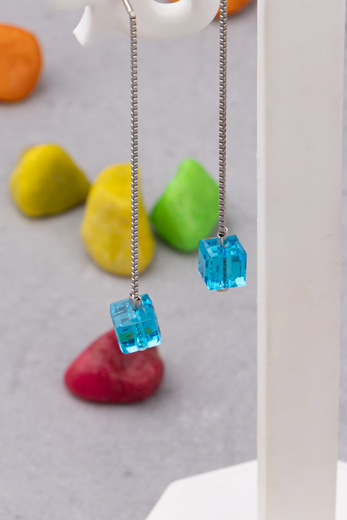 Blue Cubic Threader Earrings