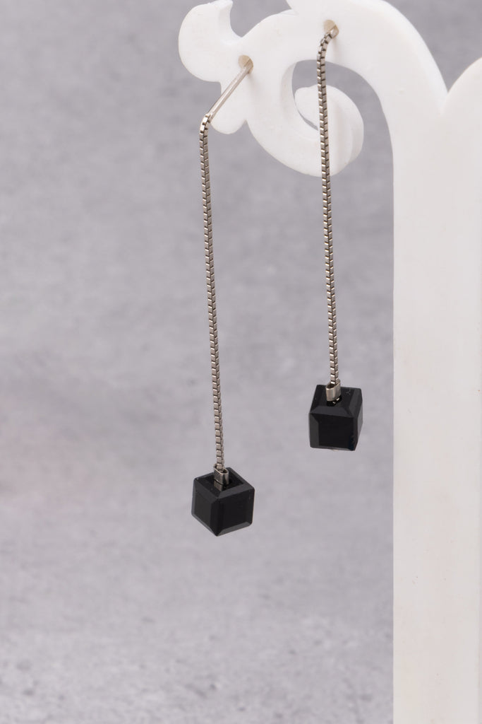 Minimalist Black Cube Bead Threader Earrings