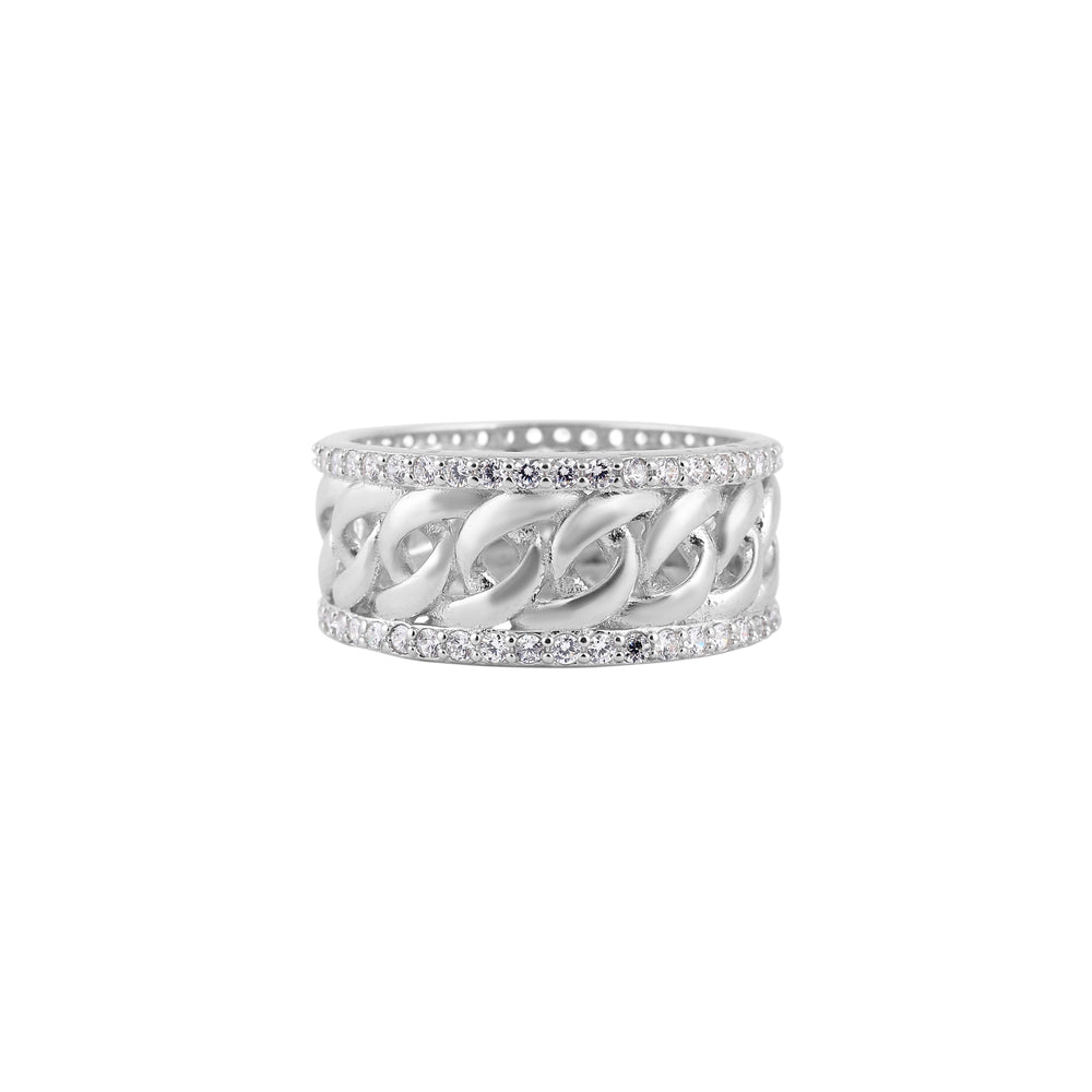 Pave Interlocking Chain Silver Ring