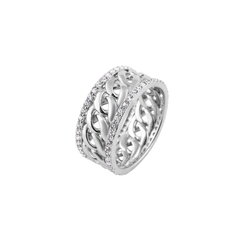 Pave Interlocking Chain Silver Ring