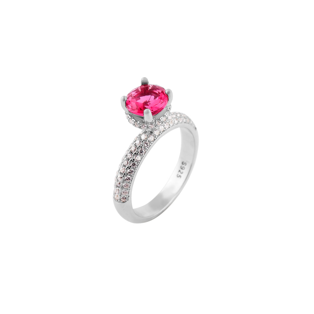 Oval Ruby cz Pave Set Silver Ring