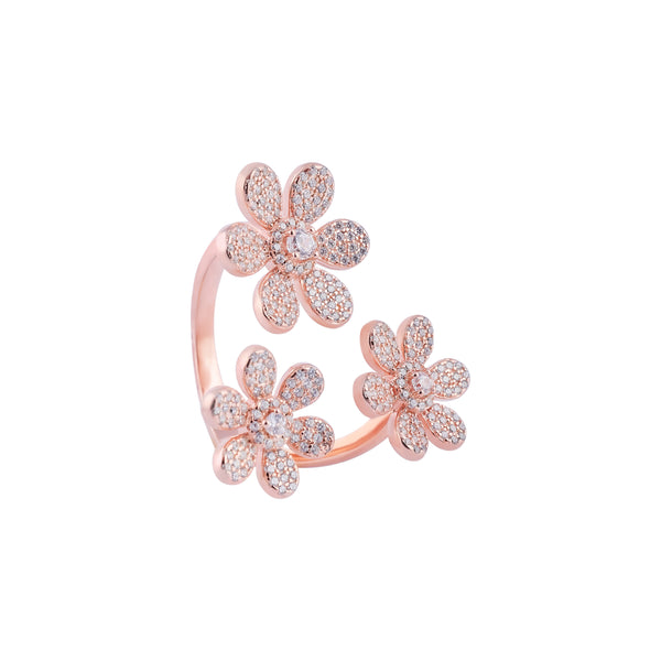 Triple Floral Pave Rose Gold Open Ring for her