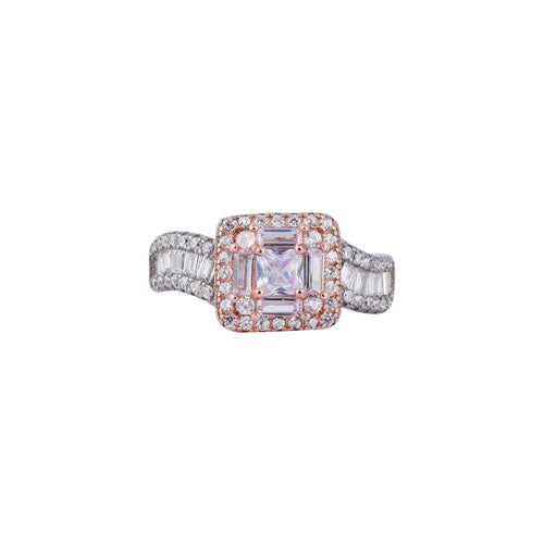 CZ Pink Halo Baguette Accent Silver Ring for her
