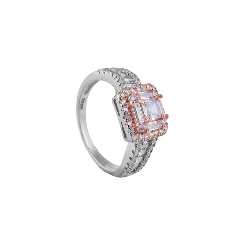 CZ Pink Halo Baguette Accent Silver Ring for her