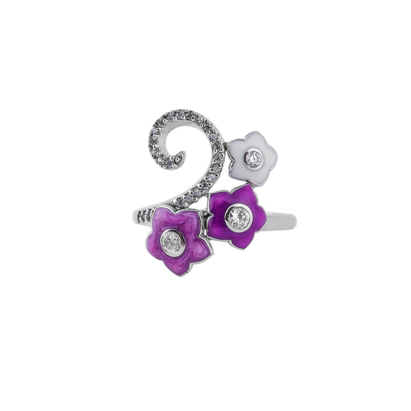Enamel Floral and Pave Swirl Silver Ring for her