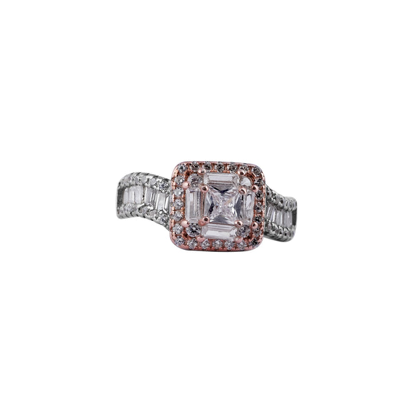 Emerald Cut CZ Double Halo Two-Tone Ring for her