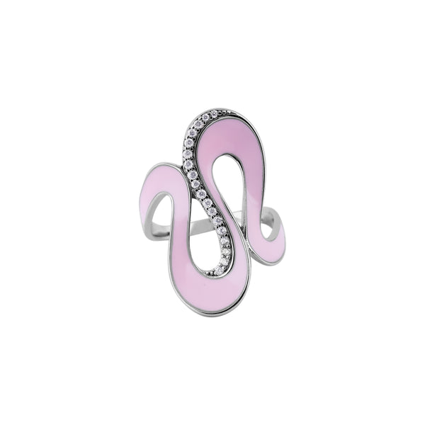 Abstract Pink Enamel and Pave Silver Ring