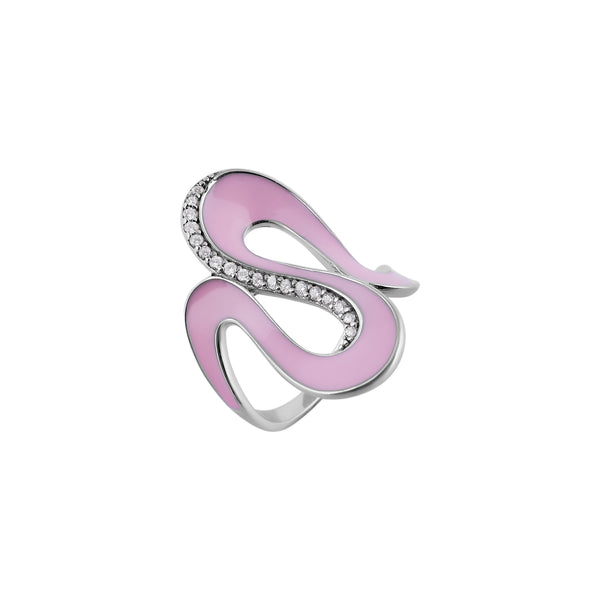 Abstract Pink Enamel and Pave Silver Ring