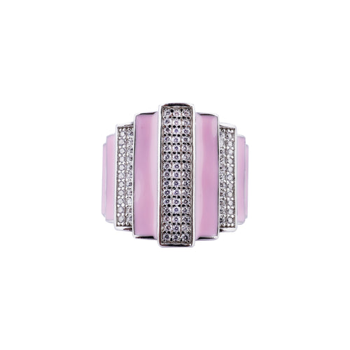 Art Deco Style Pink Enamel and Pave Silver Ring for her