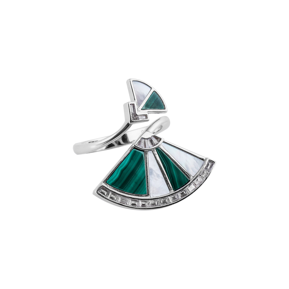 Art Deco Fan Malachite and Mother-of-Pearl Silver Ring for her