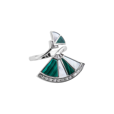 Art Deco Fan Malachite and Mother-of-Pearl Silver Ring for her - Flâneur Global® | FG | 925 Fine Silver Jewelry & Accessories 