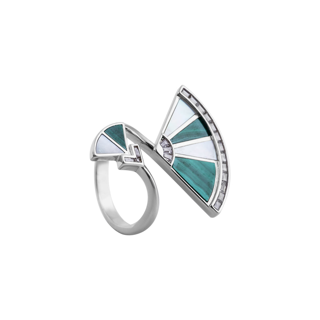 Art Deco Fan Malachite and Mother-of-Pearl Silver Ring for her