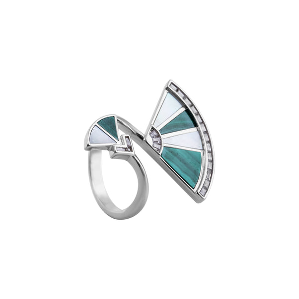 Art Deco Fan Malachite and Mother-of-Pearl Silver Ring for her