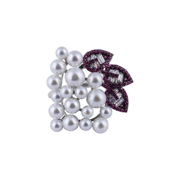 Pearl and Baguette Silver Cocktail Ring for her