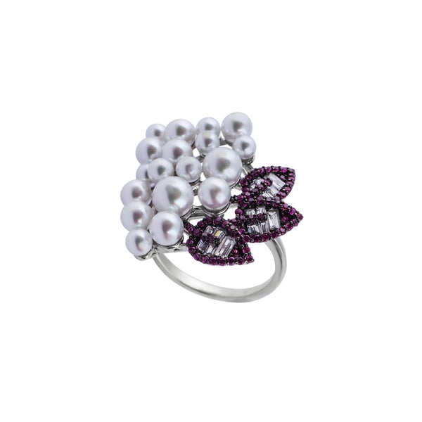 Pearl and Baguette Silver Cocktail Ring for her