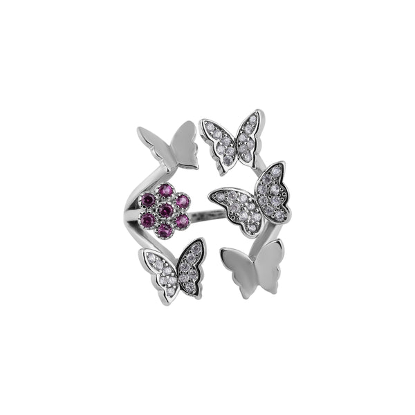 Butterfly and Floral Cluster Silver Ring for her