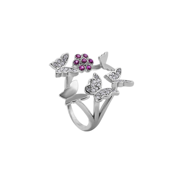 Butterfly and Floral Cluster Silver Ring for her