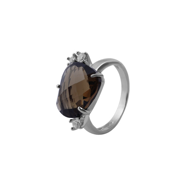 Faceted Cz Smoky Quartz and CZ Silver Ring for her