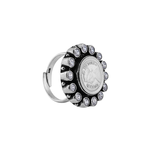 Coin and CZ Oxidized Silver Adjustable Ring for her