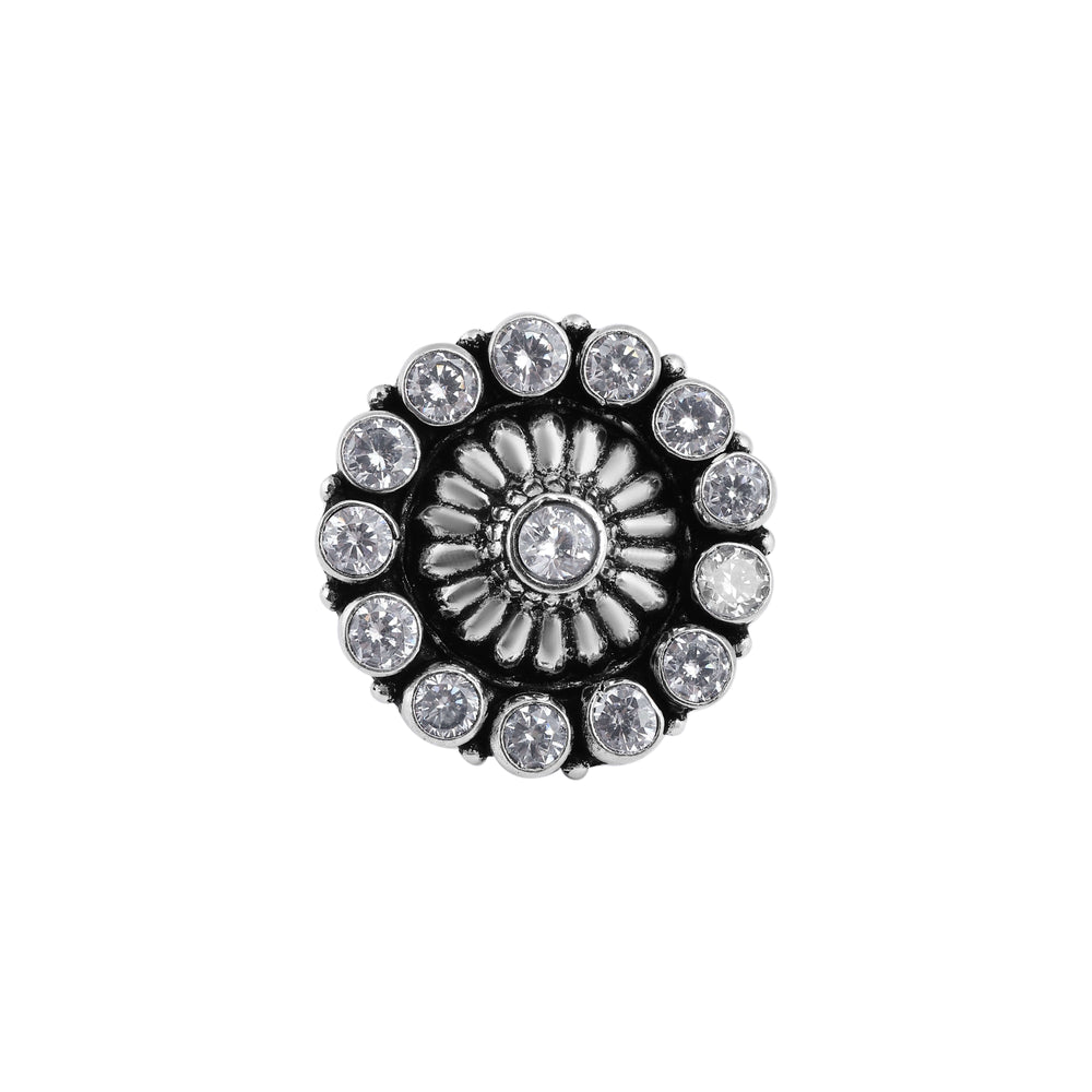 Round Floral Oxidized Silver CZ Ring for her