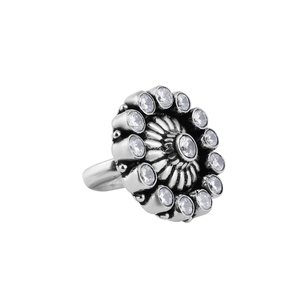 Round Floral Oxidized Silver CZ Ring for her