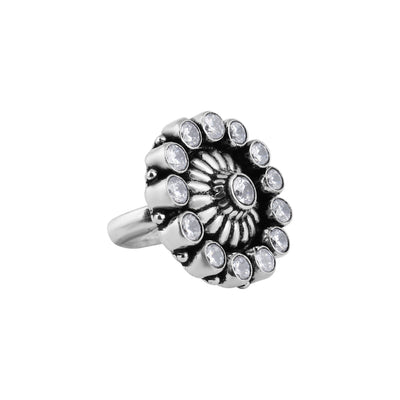 Round Floral Oxidized Silver CZ Ring for her