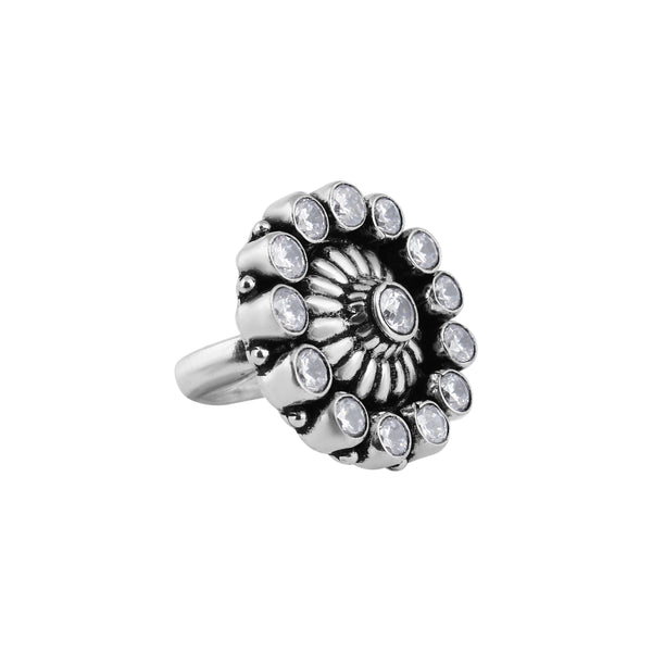 Round Floral Oxidized Silver CZ Ring for her