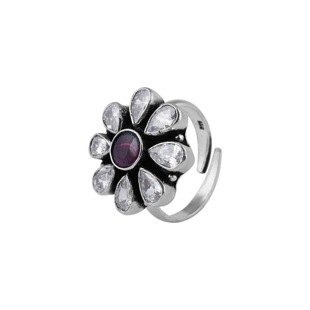 Pear CZ and Purple Gemstone Oxidized Silver Ring for her