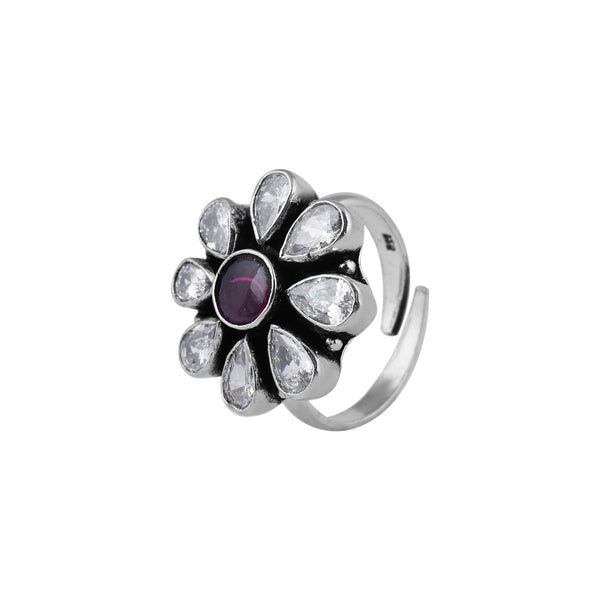 Pear CZ and Purple Gemstone Oxidized Silver Ring for her