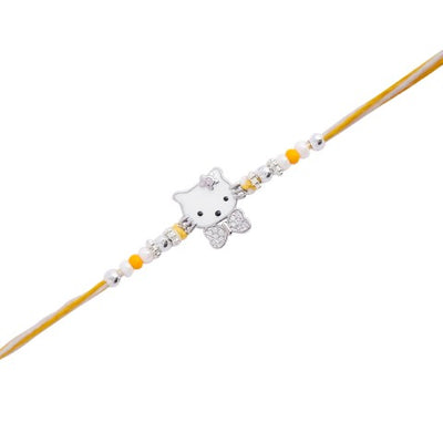 yellow rakhi featuring an adorable cute cat design.