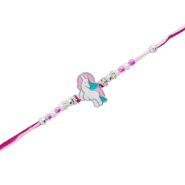 pink rakhi featuring a charming unicorn design.